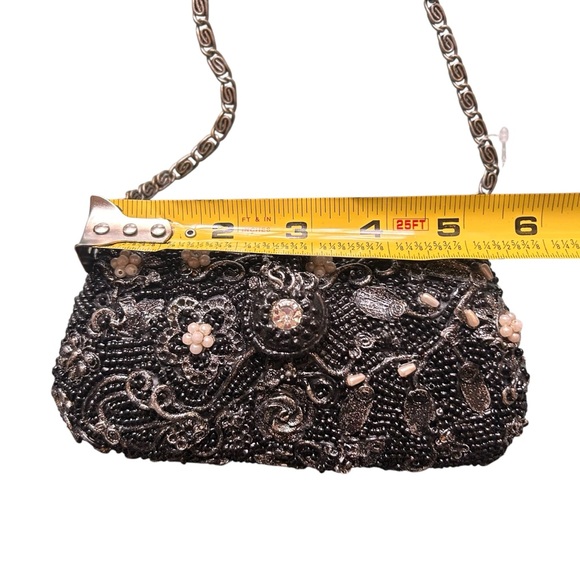 Mary Frances Black Beaded Pearl Rhinestone Silver Evening Shoulder Bag EC - Picture 13 of 16